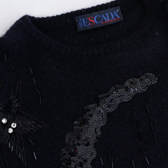 Vintage Escada Black Cream Colour Blocked Sequin Fine Knit Bat Wing Sweater M - Picture 11 of 11